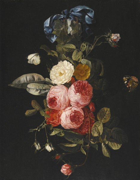 Carstian Luyckx - Still life of pink, yellow and white roses hanging from a blue ribbon with a red admiral and a cabbage white