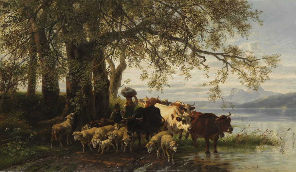 Christian Friedrich Mali - Bäuerin und Hirtenjunge mit Rinder- und Schafherde am Seeufer (1878)
