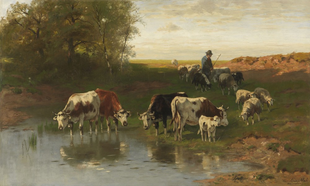 Christian Friedrich Mali - Vieh mit Hirte an der Furt (1890)