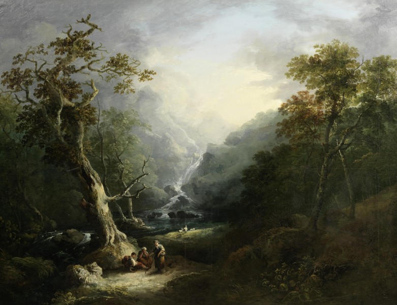 Circle of George Barrett - A wooded landscape with travellers resting before a waterfall
