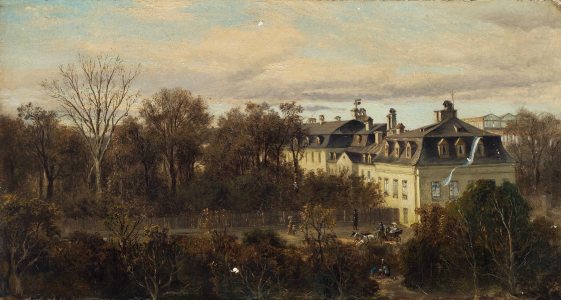 Conrad Reinherz Blick auf eine städtische Häusergruppe im Park 1888