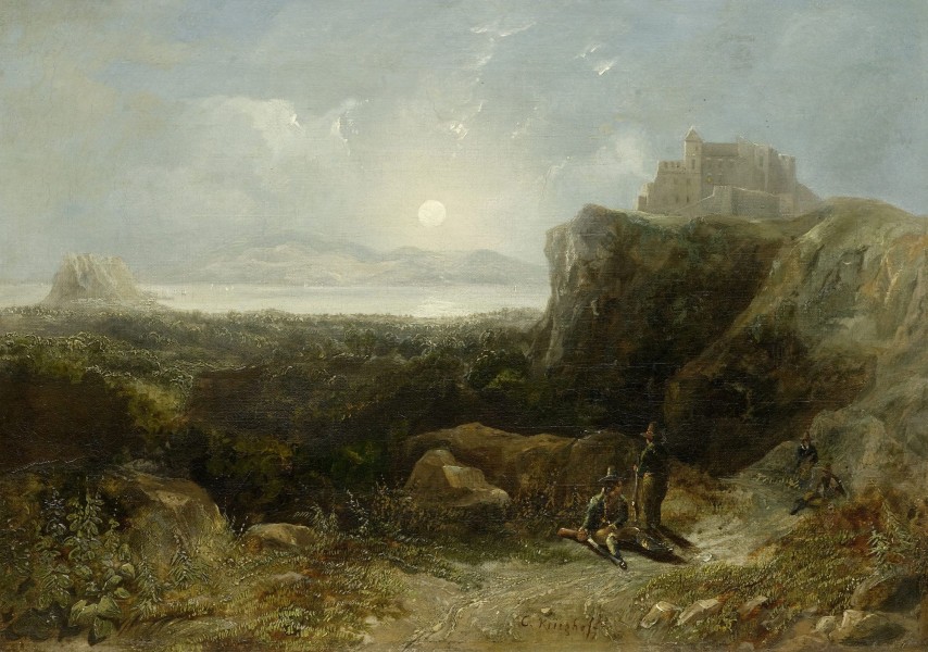Cornelius David Krieghoff - Coastal landscape at moonlight (1860s)