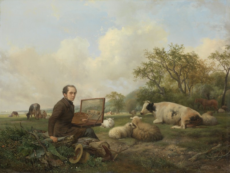 De schilder zelf, schilderend in een weidelandschap met vee Rijksmuseum SK-A-4163