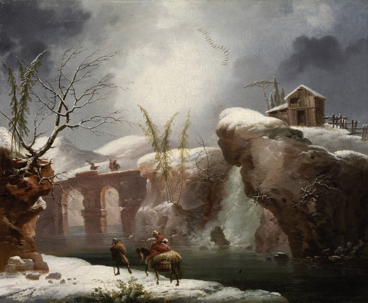 Francesco Foschi - A winter landscape with travellers by a river