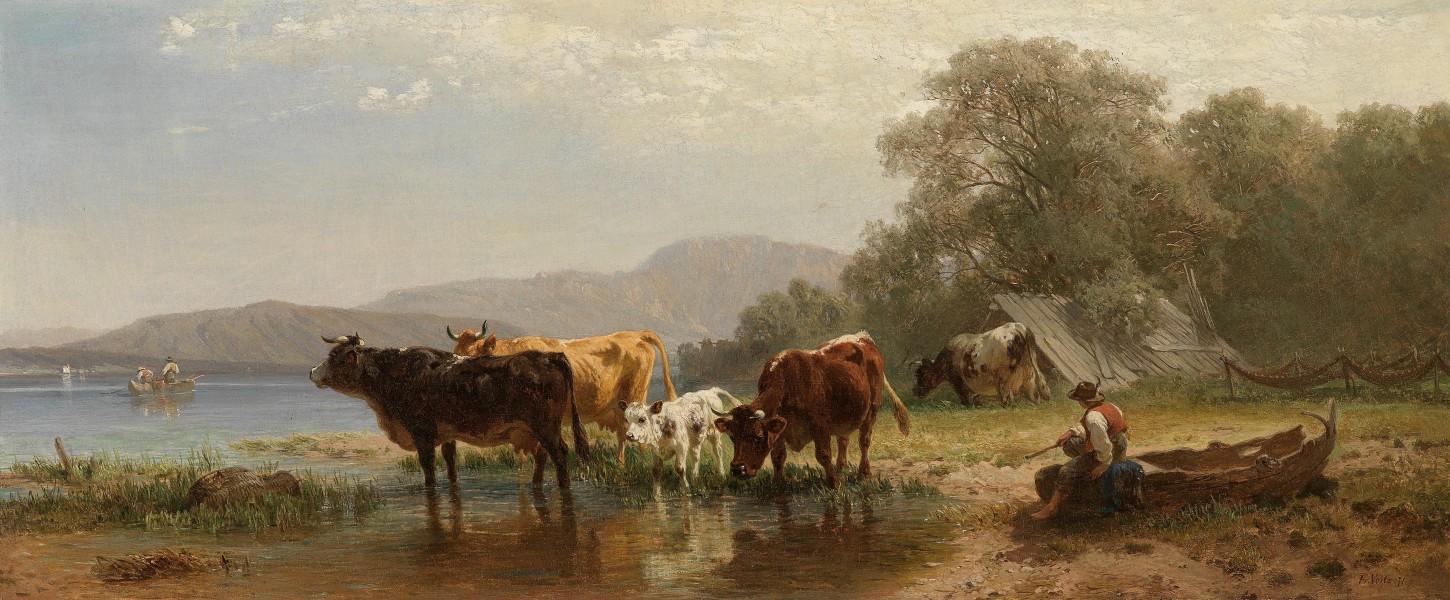 Friedrich Voltz - Kühe am Seeufer mit Fischerboot (1871)