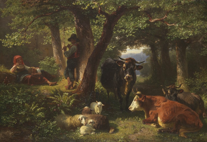 Friedrich Voltz Hirtenkinder im Wald mit Kühen und Schafen