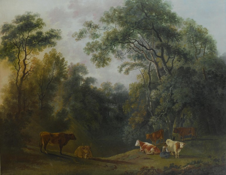 George Barret (attrib.) - A wooded landscape with a milk-maid and cattle