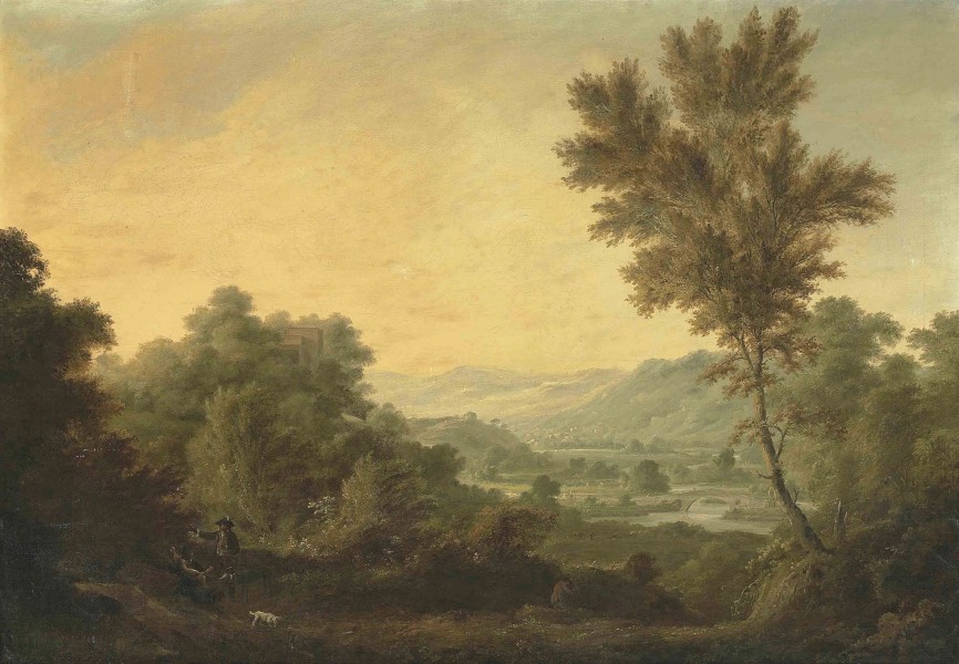 George Barrett - A mountainous river landscape with hunters carrying a dear