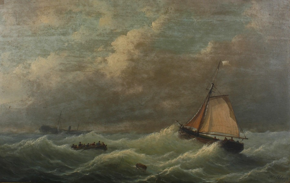 Henri Adolphe Schaep - Boten in een stormachtige zee, een zinkend schip in de verte
