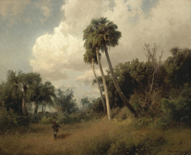Hermann Herzog - A Hunter among Windswept Palms and Passing Clouds