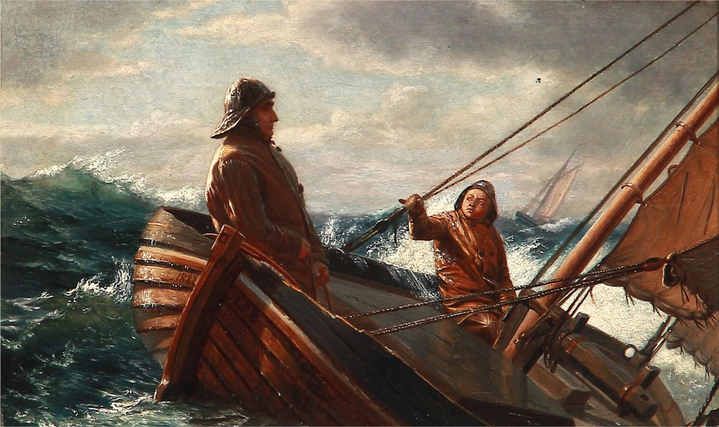 I. E. C. Rasmussen - Marine med to fiskere i en båd i høj sø (1882)