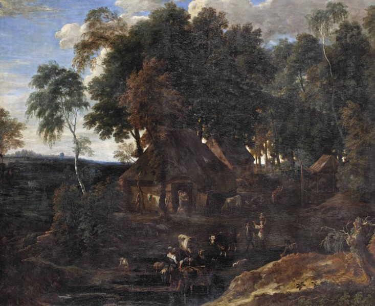 Jacques d'Arthois - The Sonian forest with farmhouses, peasants, cows and goats at a watering hole