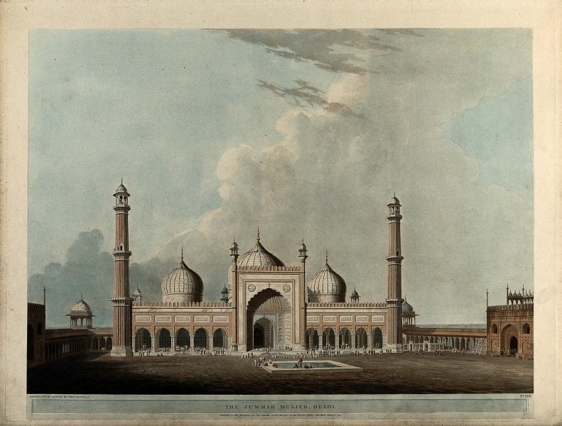 Jami Masjid mosque, Delhi. Coloured aquatint by Thomas Danie Wellcome V0050482