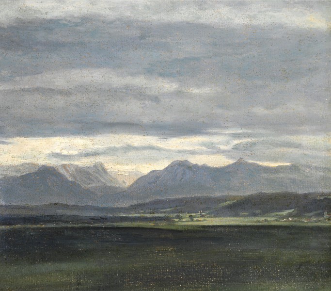 Johan Christian Claussen Dahl - Landscape Skisse med grå-blå himmelen over fjellene