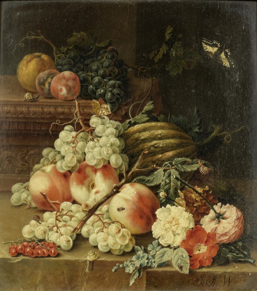 Johann Amandus Winck - Eine Melone, Pfirsiche und Trauben auf einem Sims mit Schnecken (1795)