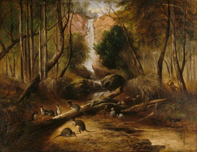 John Skinner Prout - (Bush landscape with waterfall and an aborigine stalking native animals, New South Wales) - Google Art Project
