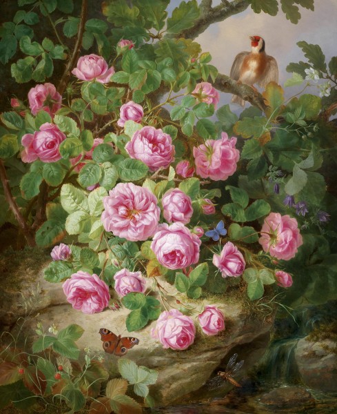 Josef Lauer Großes Rosenstillleben mit Schmetterlingen und Vogel 1870