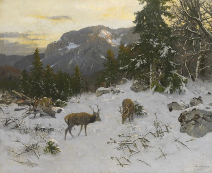Josef Schmitzberger Hirsche im winterlichen Gebirge ca1900