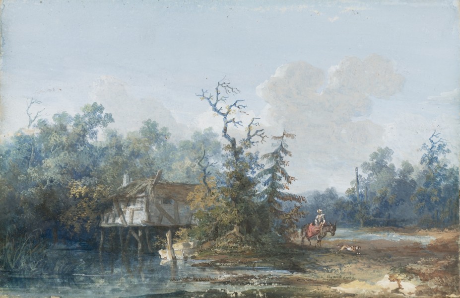 Louis-Gabriel Moreau - Paysage avec un chalet près d'un ruisseau et un womean sur un âne