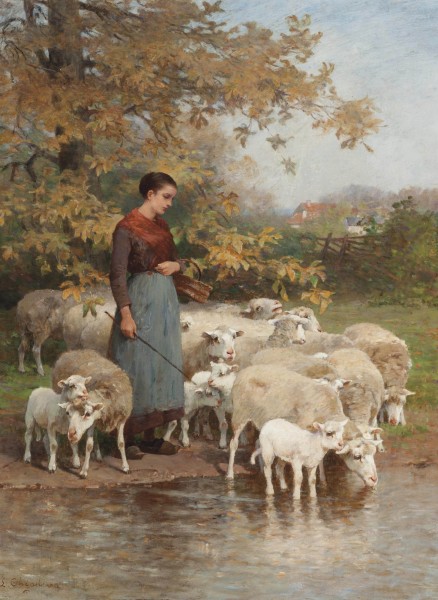 Luigi Chialiva - A shepherdess watering her flock
