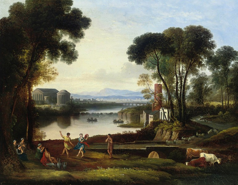 Manner of Jacob Philipp Hackert - An Italianate landscape with classical figures dancing beside a lake 