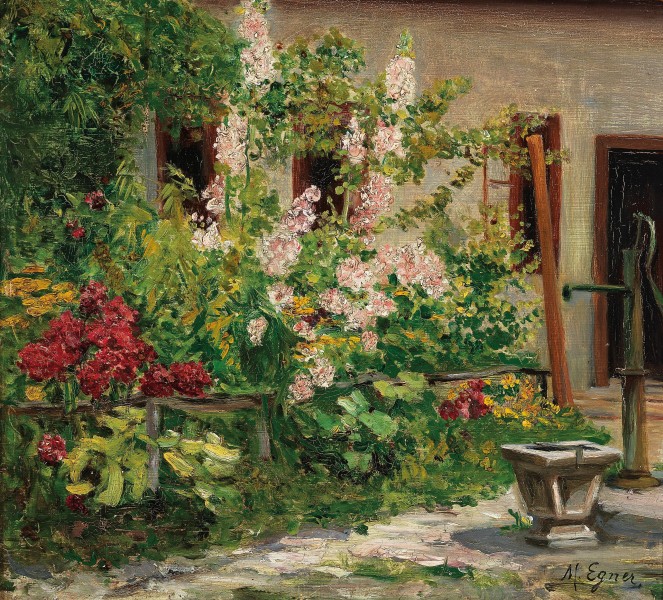 Marie Egner Vorgarten mit blühenden Stockrosen