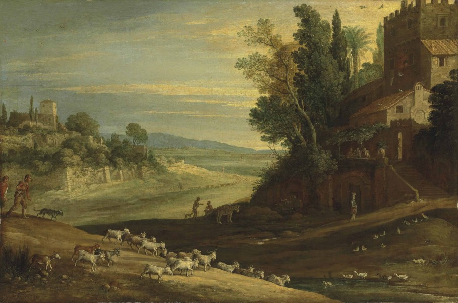 Paul Bril - An extensive Italianate landscape with shepherds