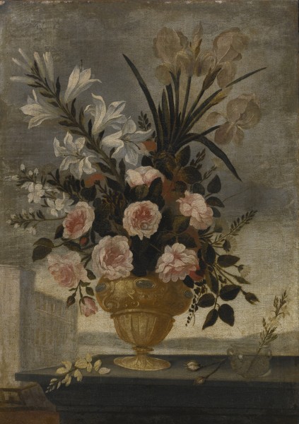 Pedro de Camprobín Still Life of Iris, Lilies, Roses and Carnations In Elaborate Urn