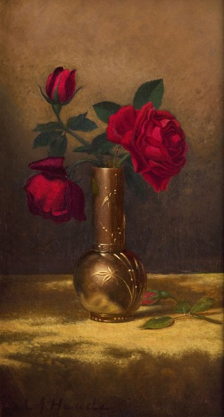 Red Roses in a Japanese Vase on a Gold Velvet Cloth-Martin Johnson Heade