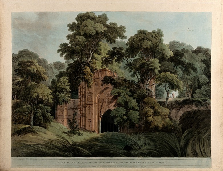 Ruins in the city of Gaur, West Bengal. Coloured aquatint by Wellcome V0050463
