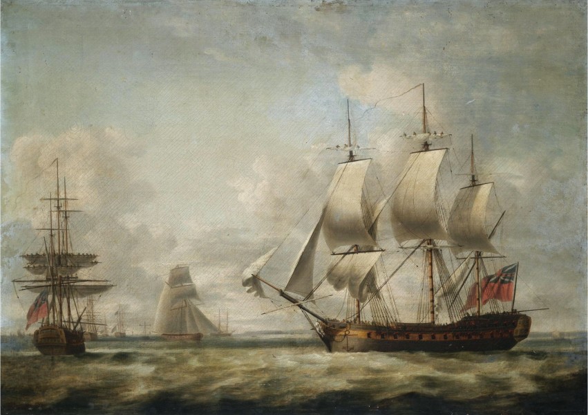 Thomas Luny - A 32-Gun Frigate taking in sail and other shipping off the coast