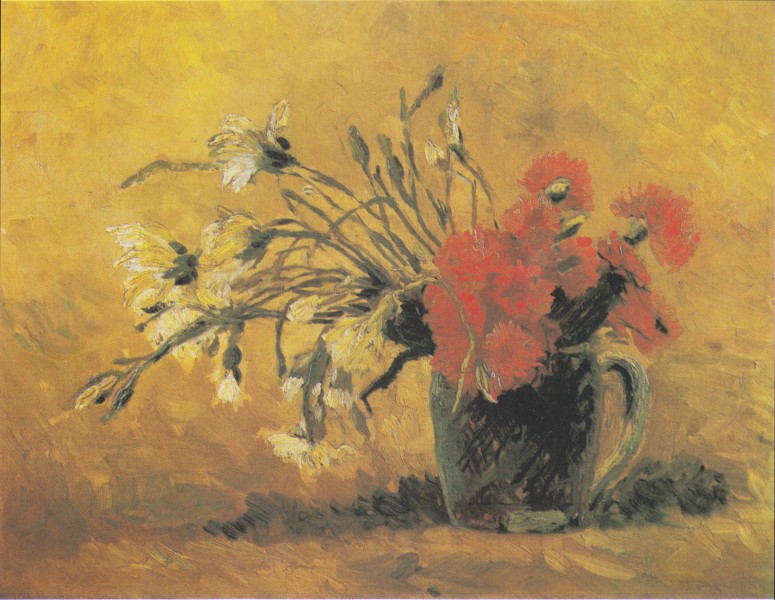 Van Gogh - Vase mit roten und weißen Nelken auf gelbem Hintergrund