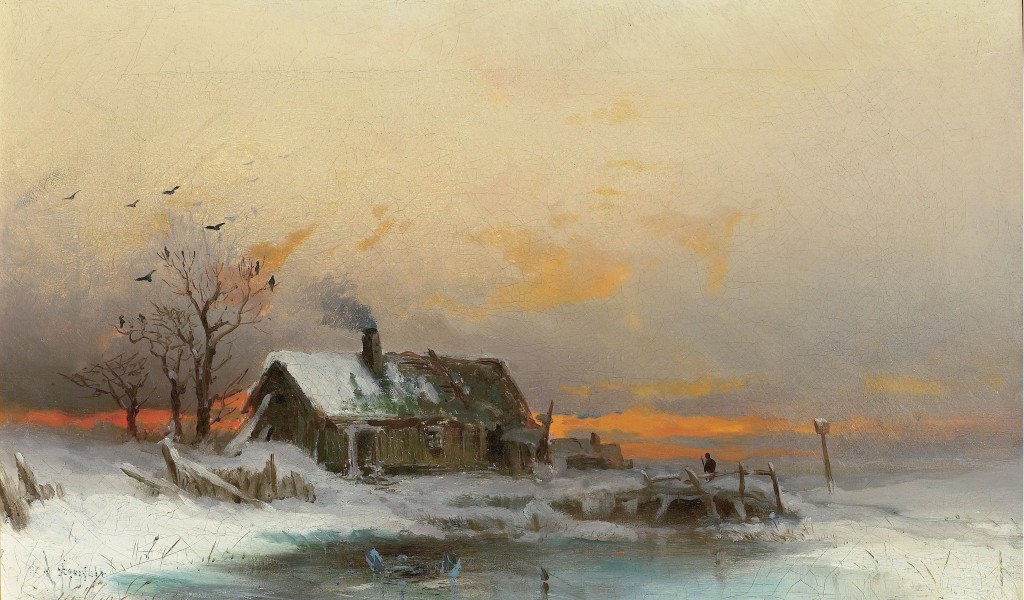 Vilhelm von Gegerfelt-Vinterbild med stuga vid vattendrag