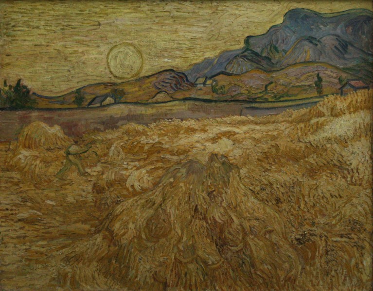 Wheat field with reaper and sun