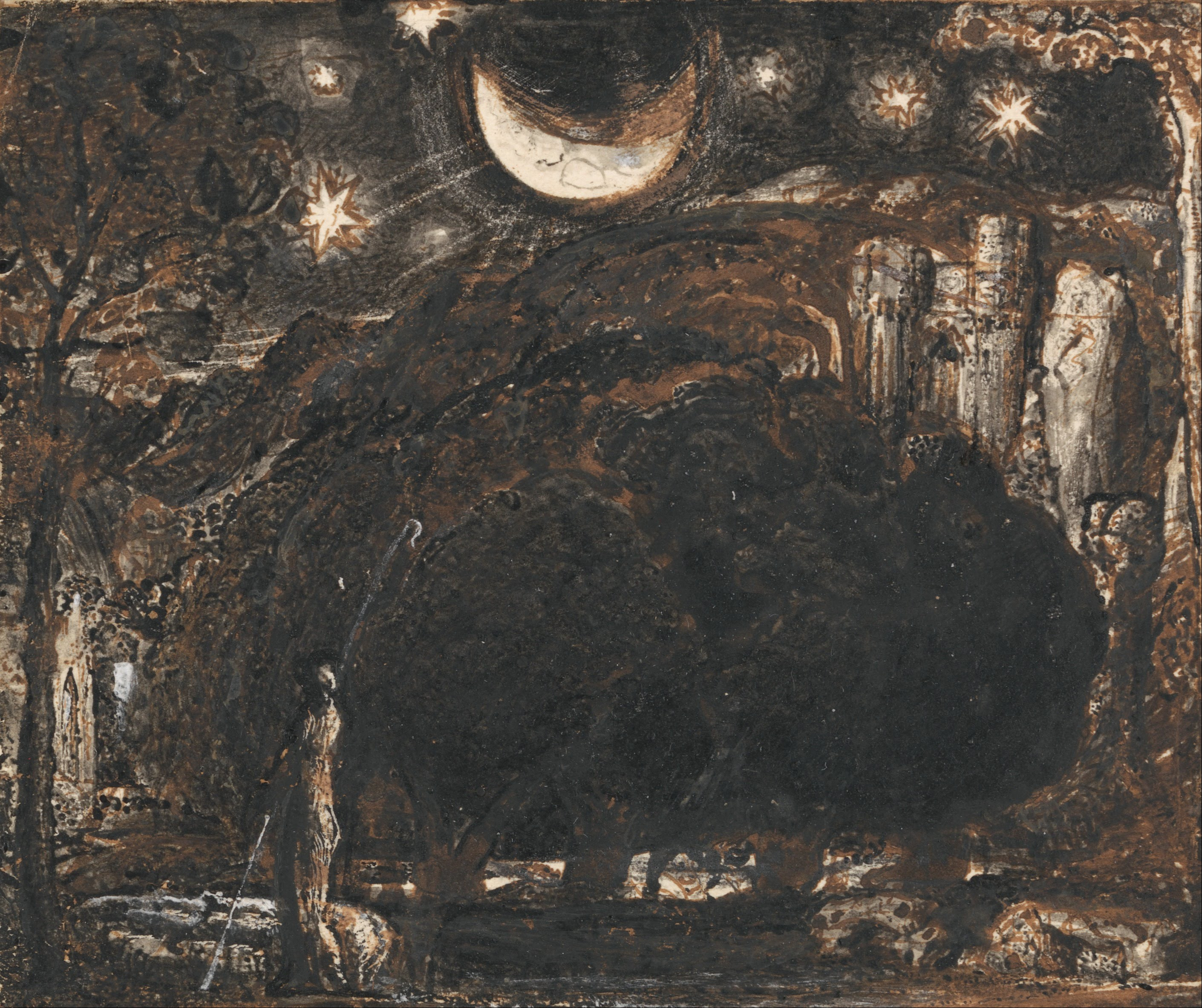 Samuel Palmer - A Shepherd and his Flock under the Moon and Stars - Google Art Project