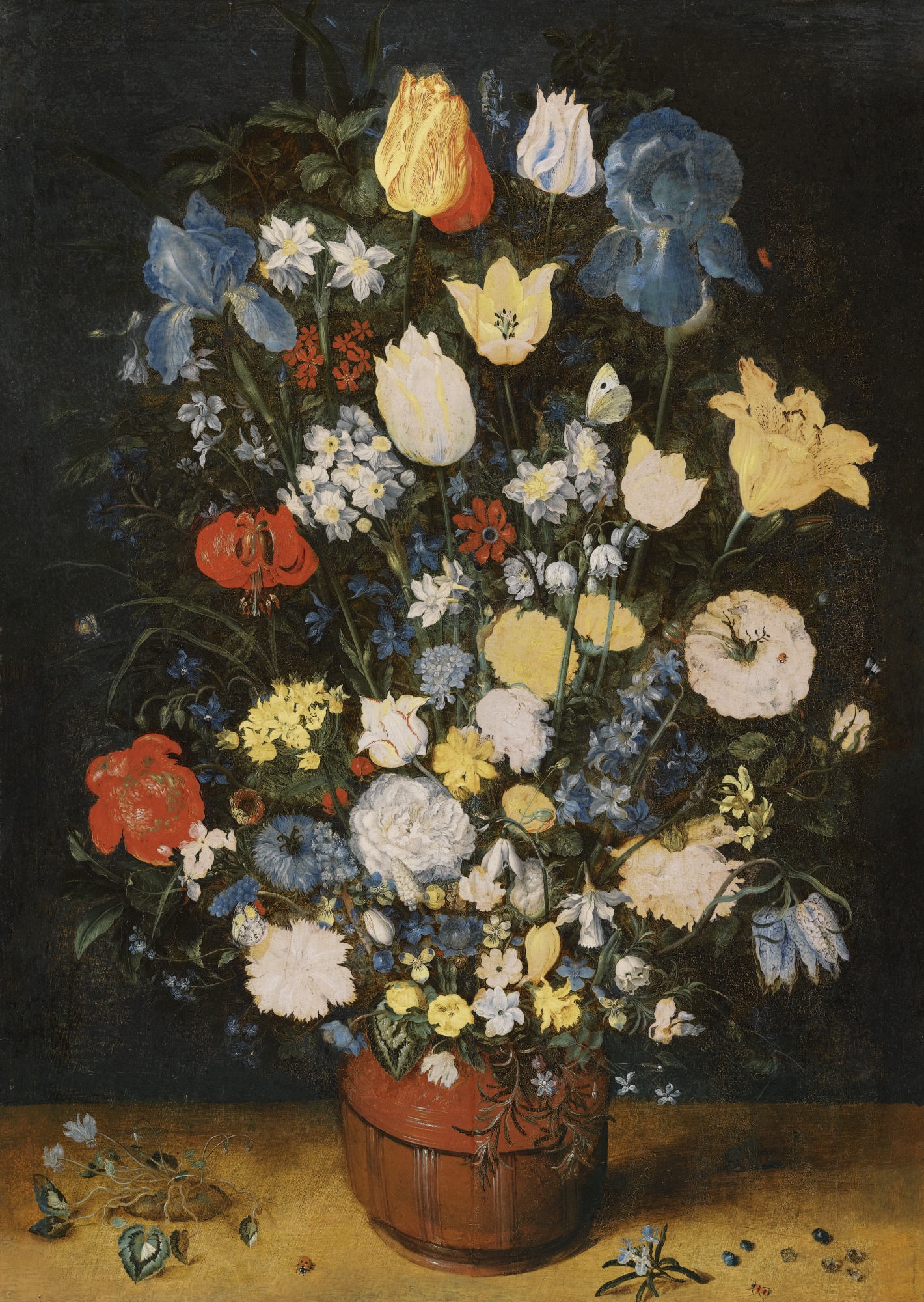 Still Life with Irises, Roses, Tulips, Narcissae, Cardamine, Cyclamen, Hyacinths, Calendula, Eranthis and Other Flowers in a Wide-Bottomed Vase on a Ledge