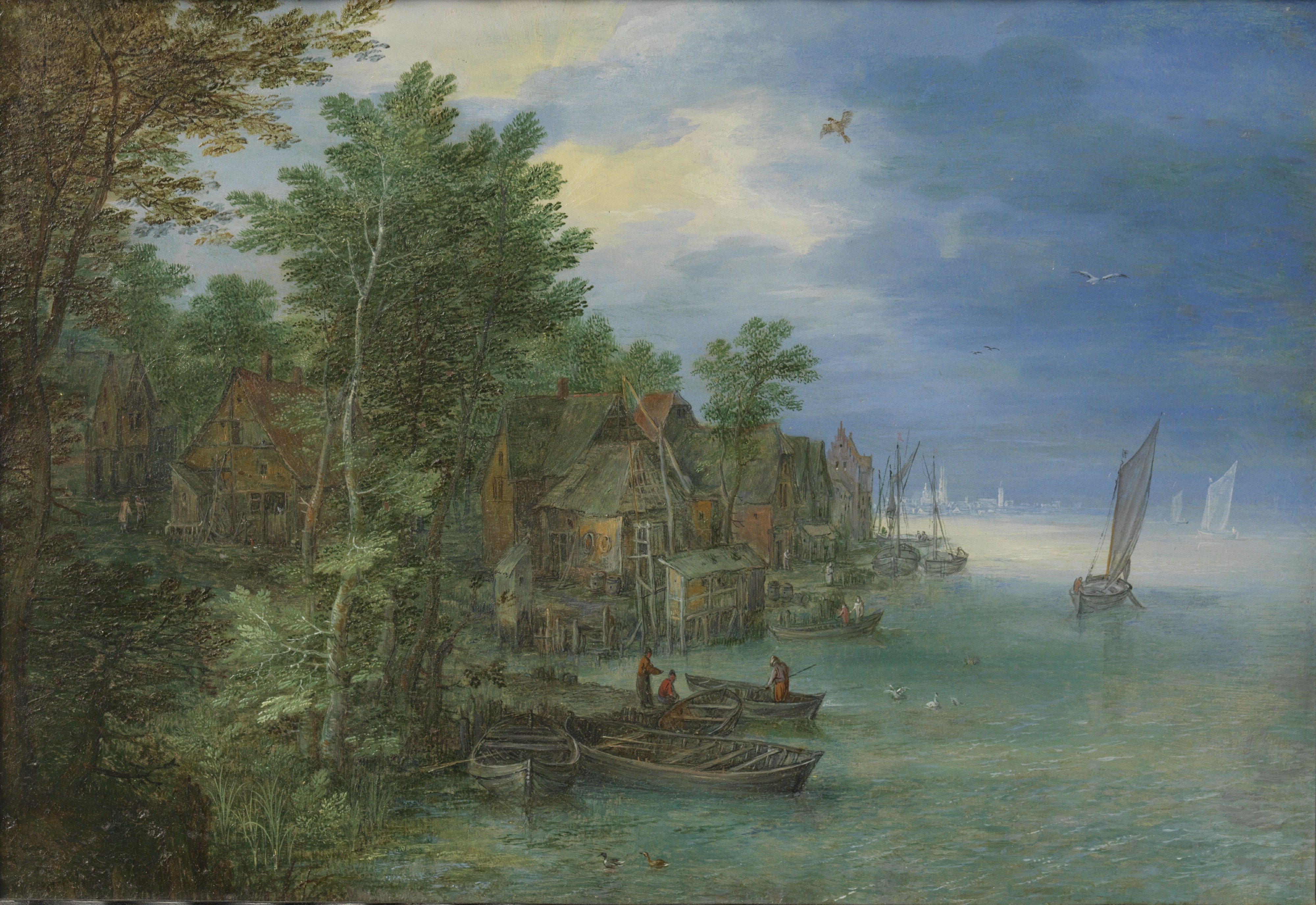 Jan Brueghel - Gezicht op een dorp aan een rivier