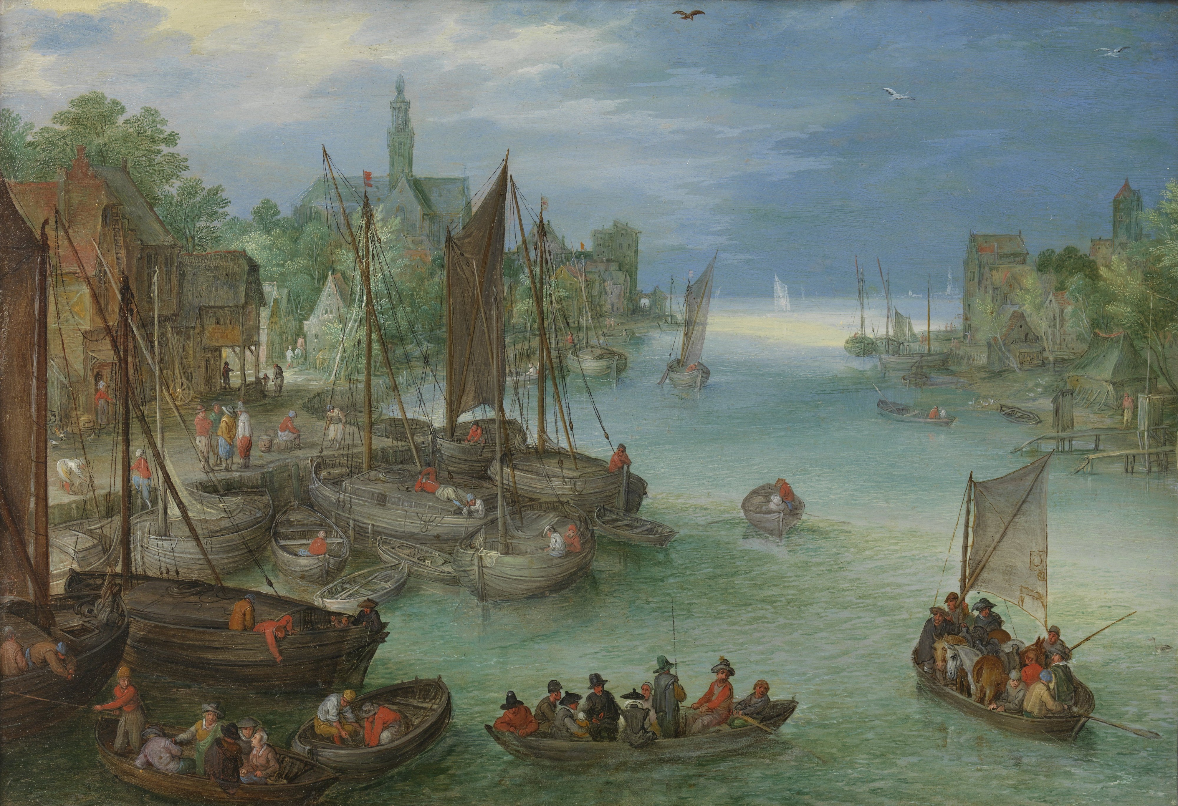 Jan Brueghel - Gezicht op een stad aan een rivier
