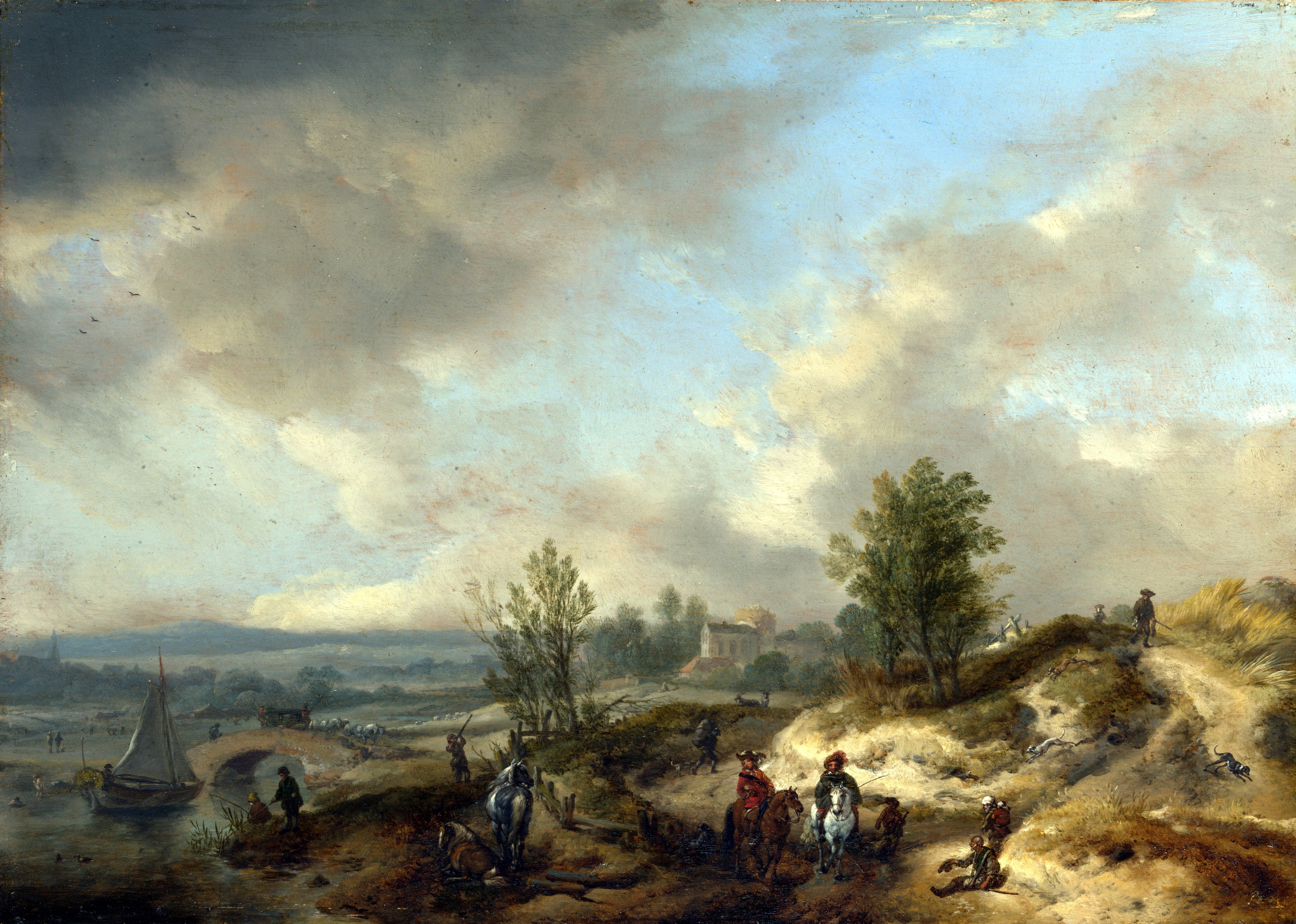 Philips Wouwerman - A Dune Landscape with a River and Many Figures (1660s)