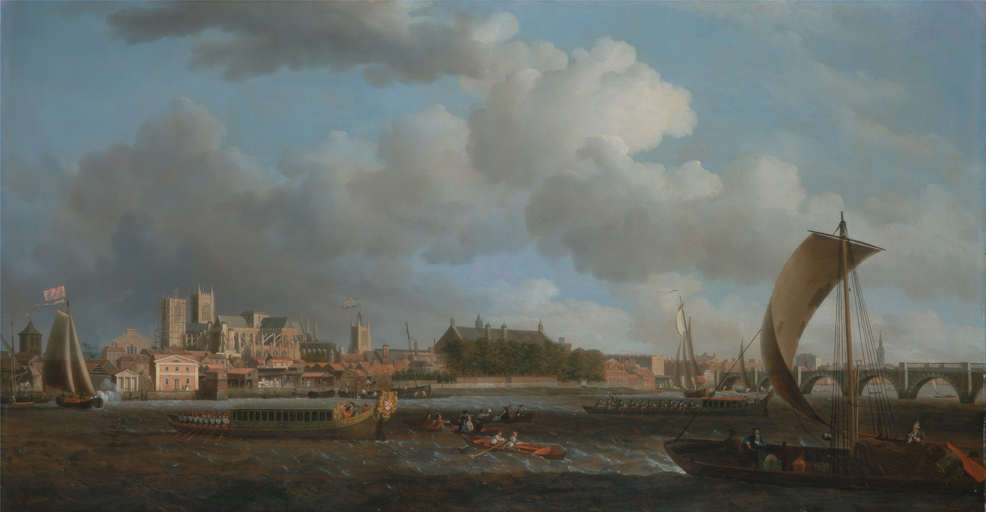 Samuel Scott - Westminster from Lambeth, with the Ceremonial Barge of the Ironmongers' Company - Google Art Project