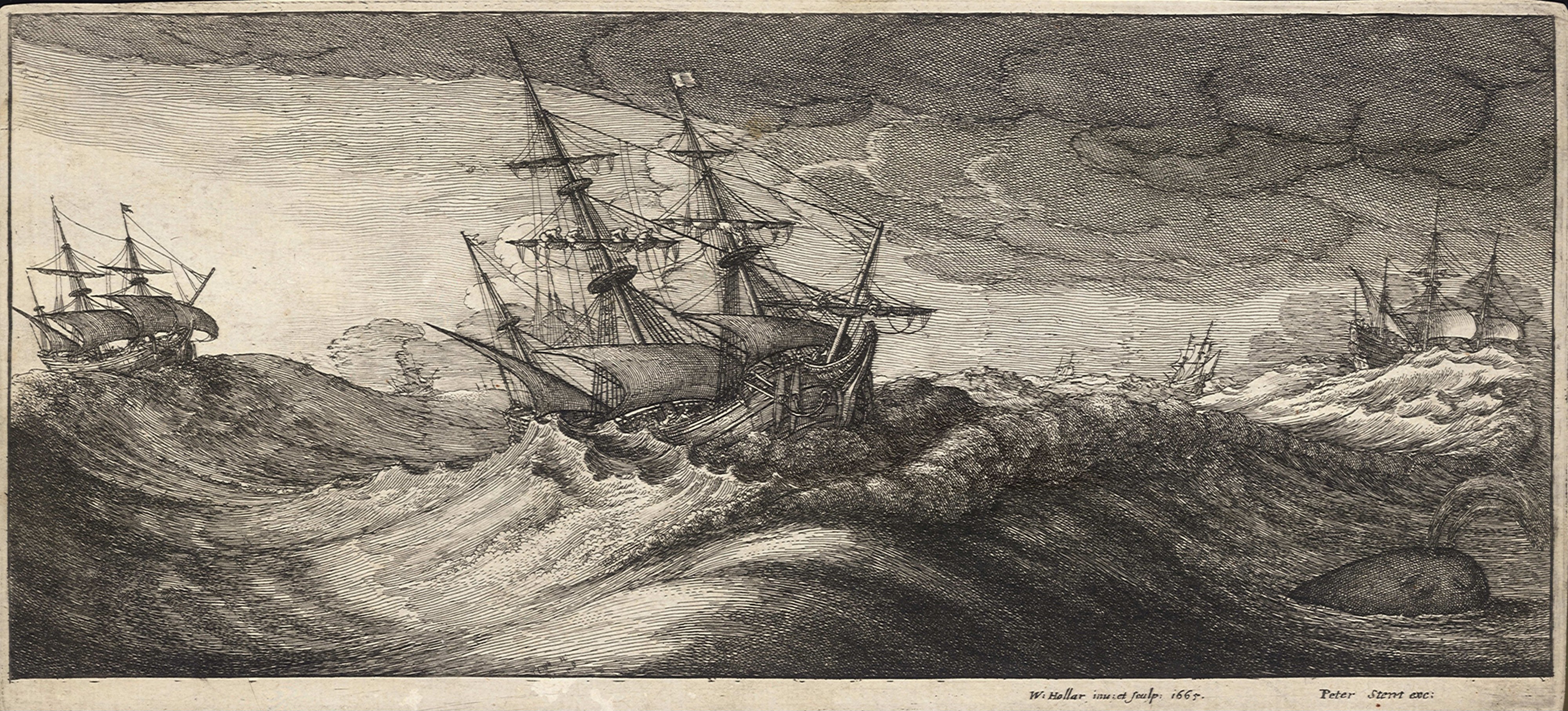 Wenceslas Hollar - Warships and a spouting whale (State 1)