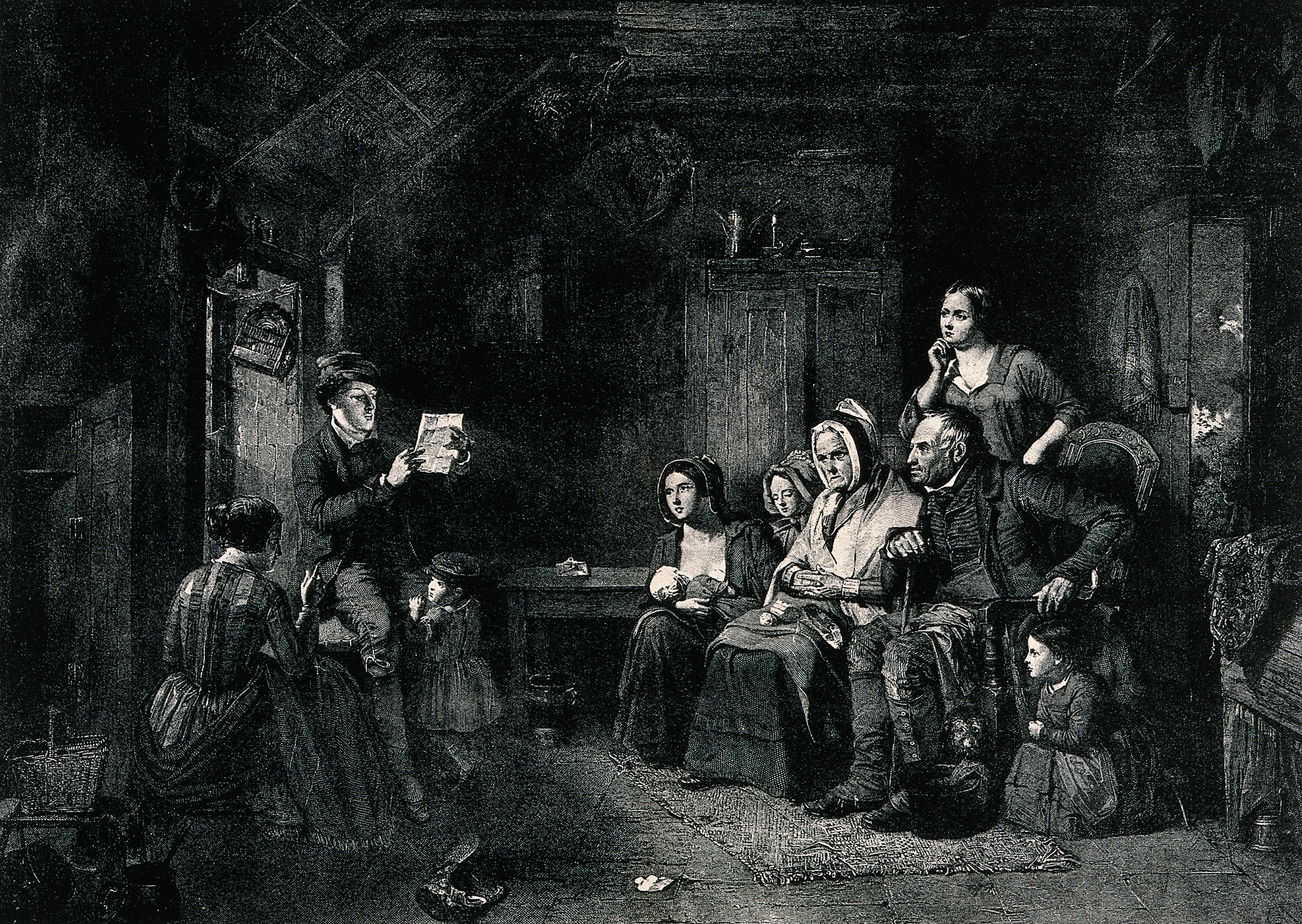 A family sits and listens to a letter from emigrants being r Wellcome V0038719