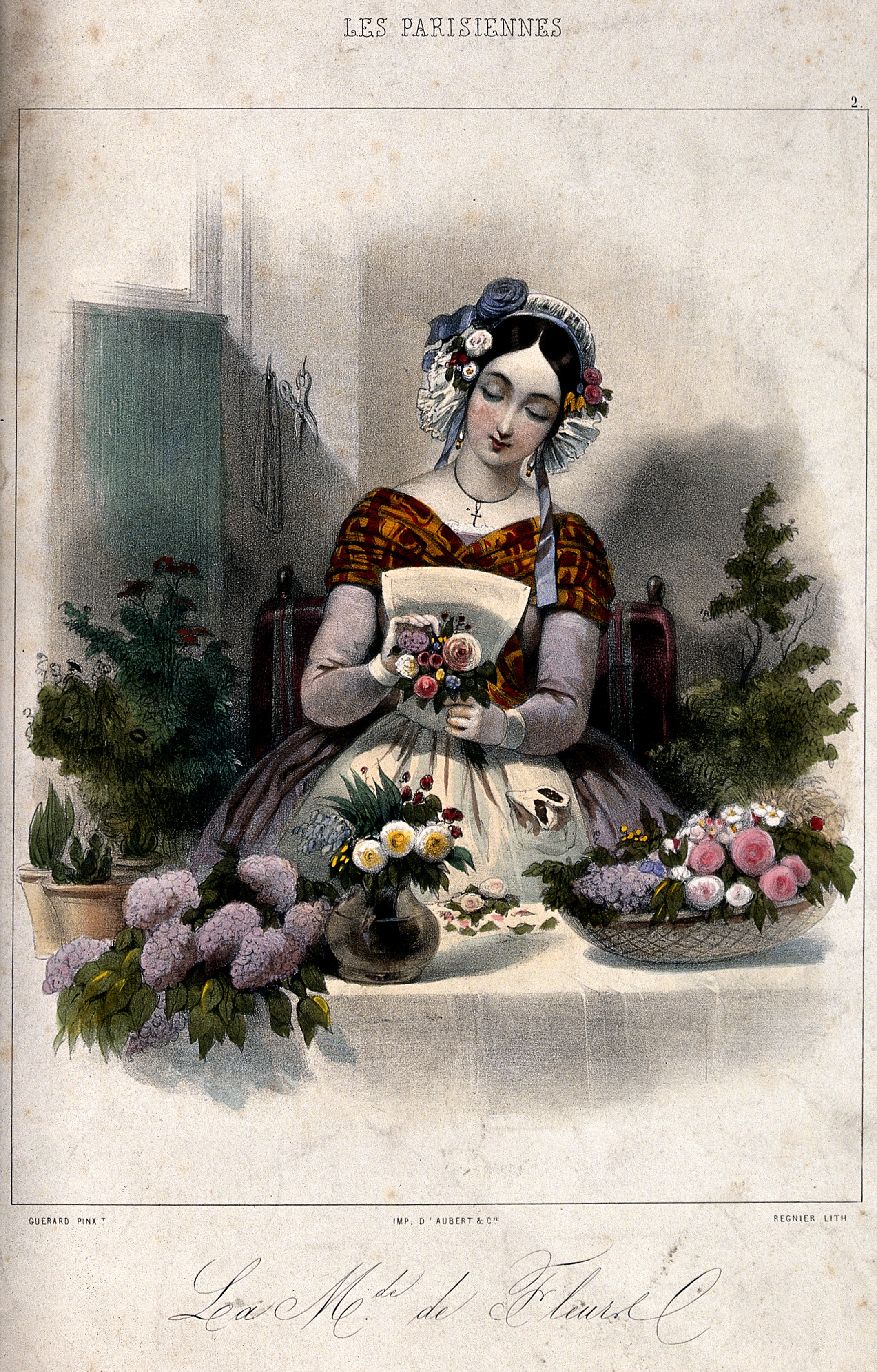 A woman is making up posies and baskets of flowers. Coloured Wellcome V0039719