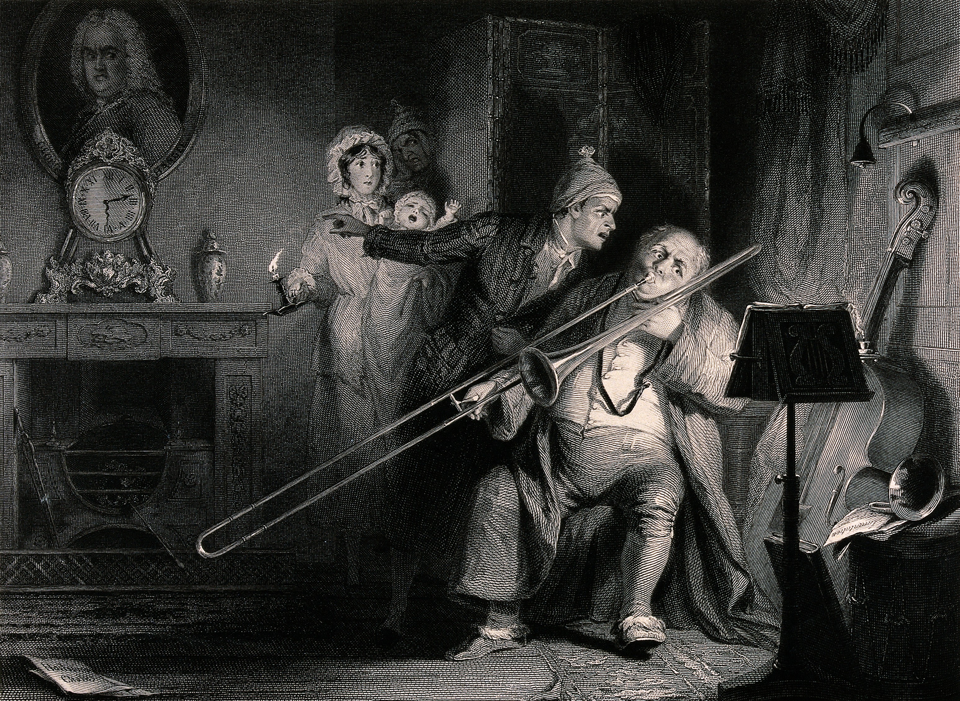 A young man is shouting at a man playing the trombone, for w Wellcome V0040376