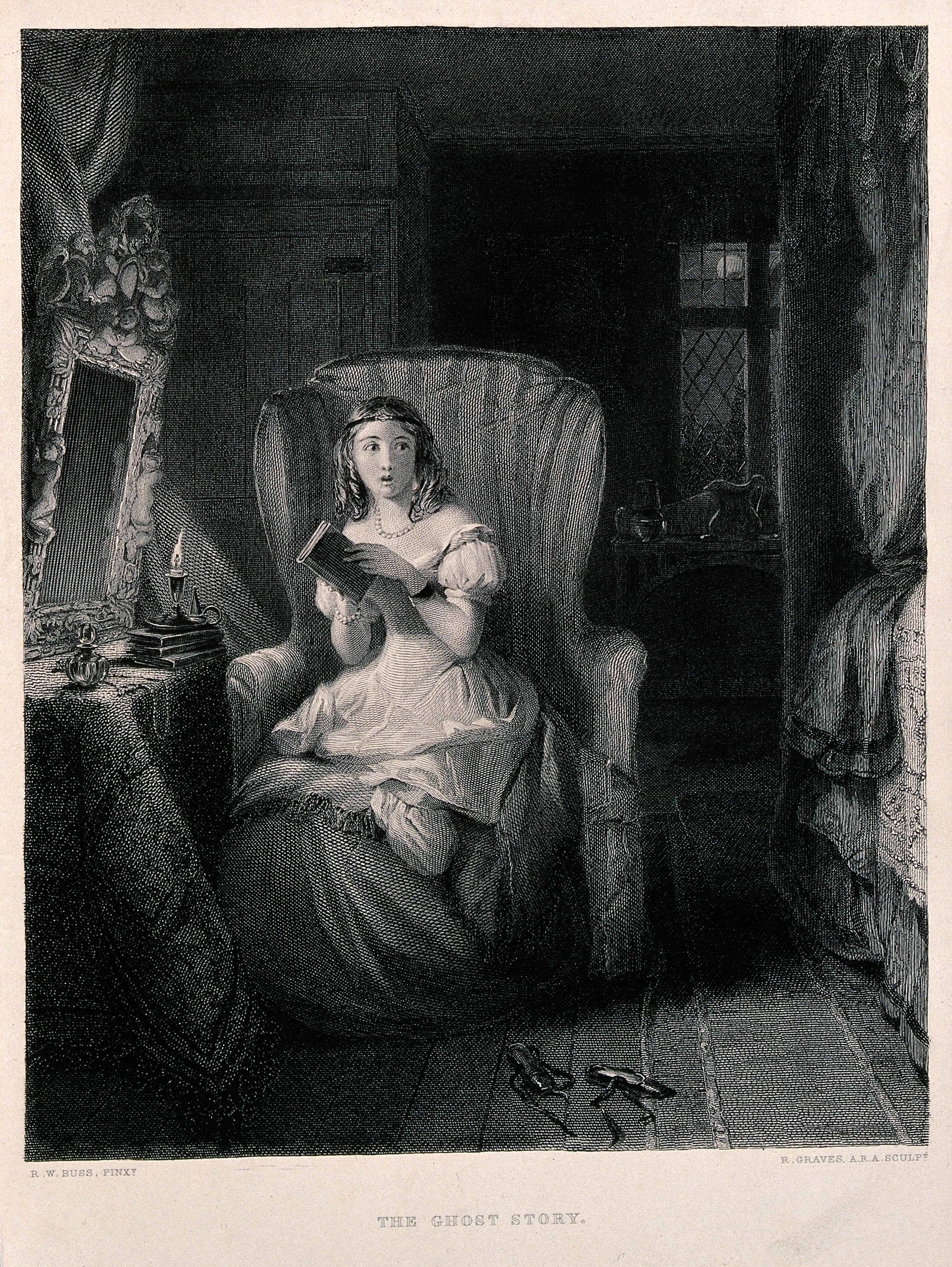 A young woman is sitting in a chair reading a story which ha Wellcome V0040287