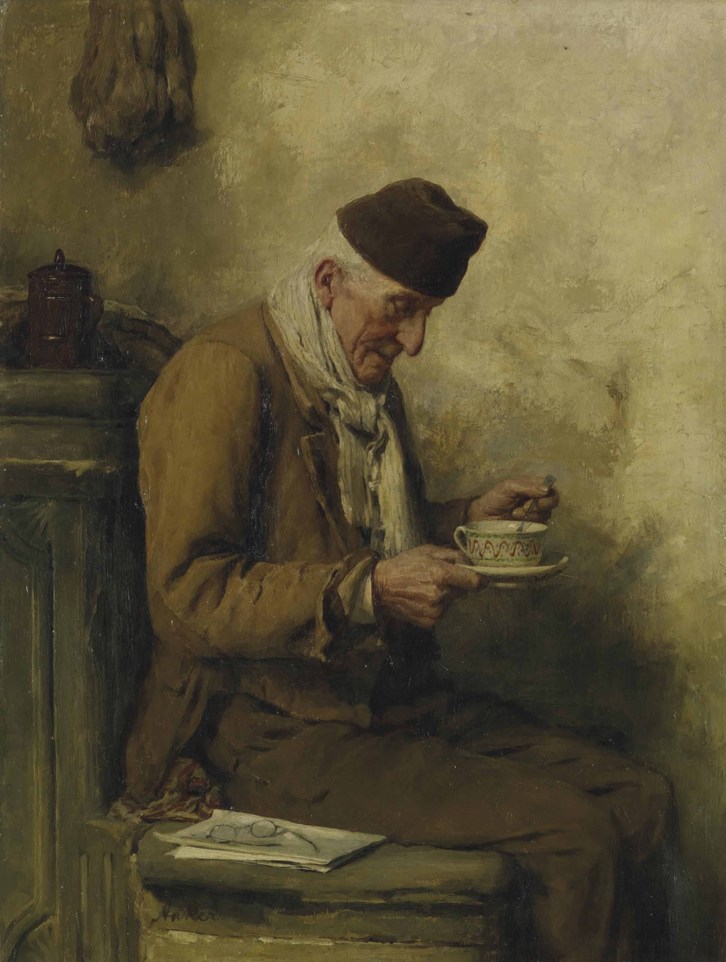 Albert Anker - Alter Mann beim Tee trinken