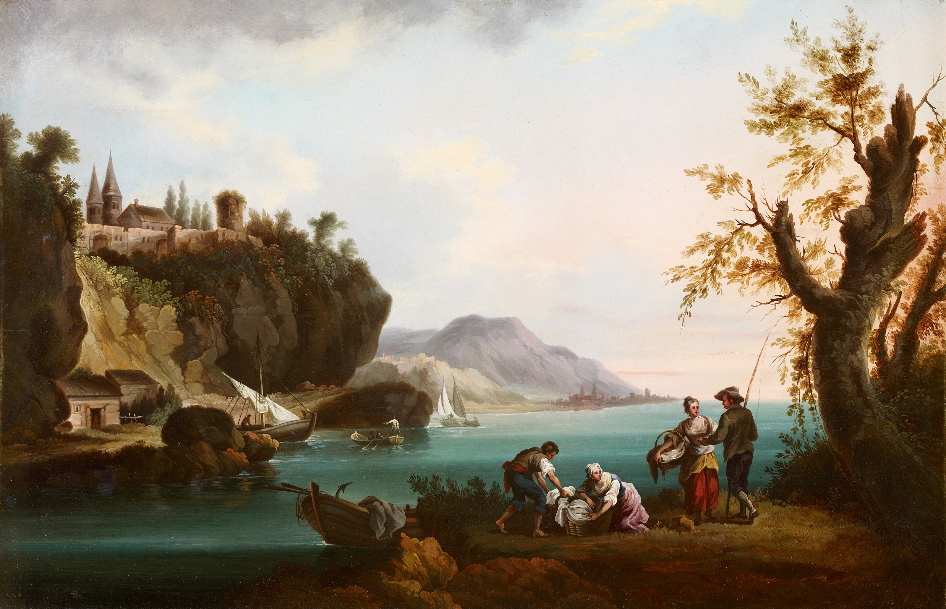 Andrés Cortés y Aguilar Washerwomen and Fishermen in a Coastal Landscape