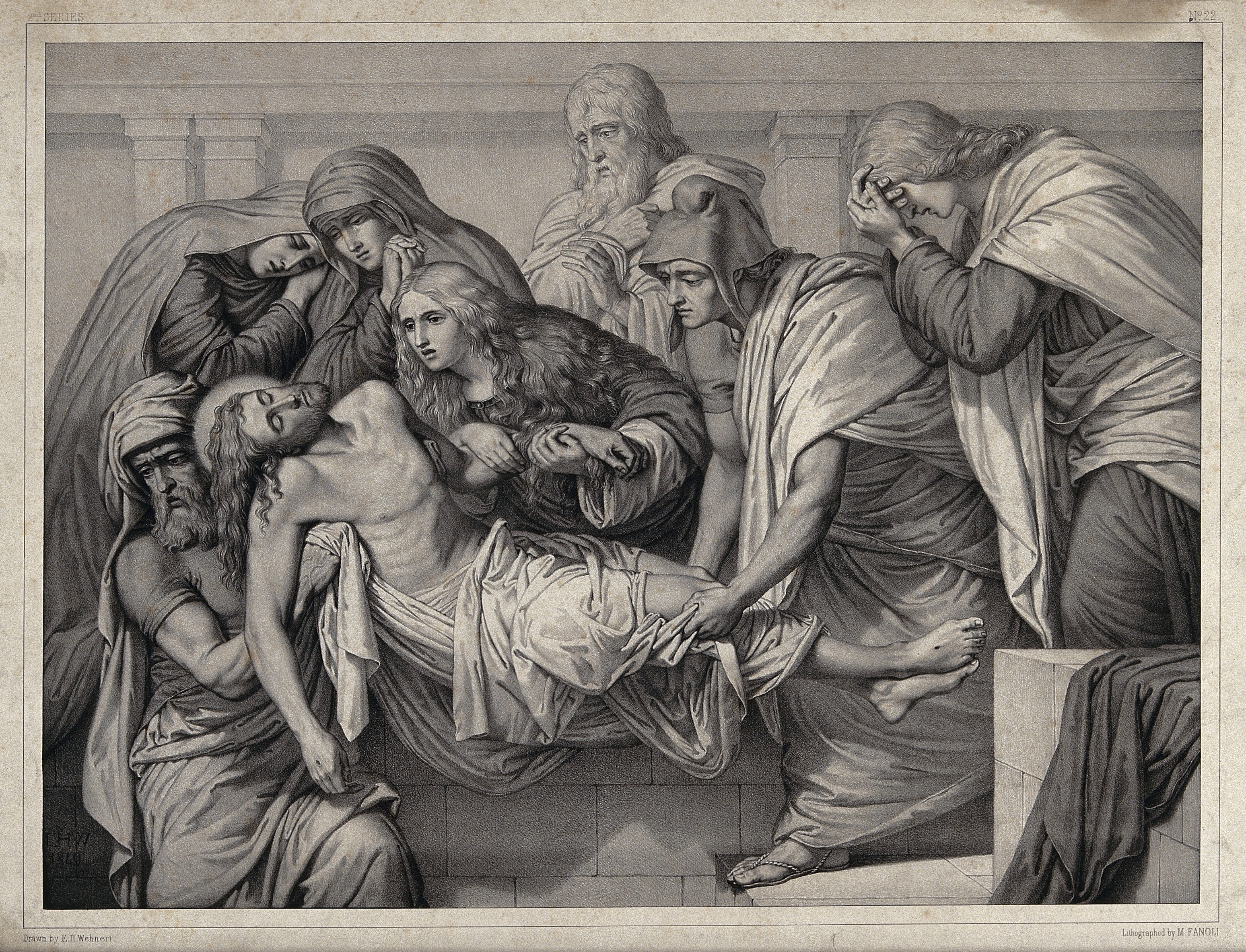 Christ is laid into a tomb. Lithograph by M. Fanoli after E. Wellcome V0034807
