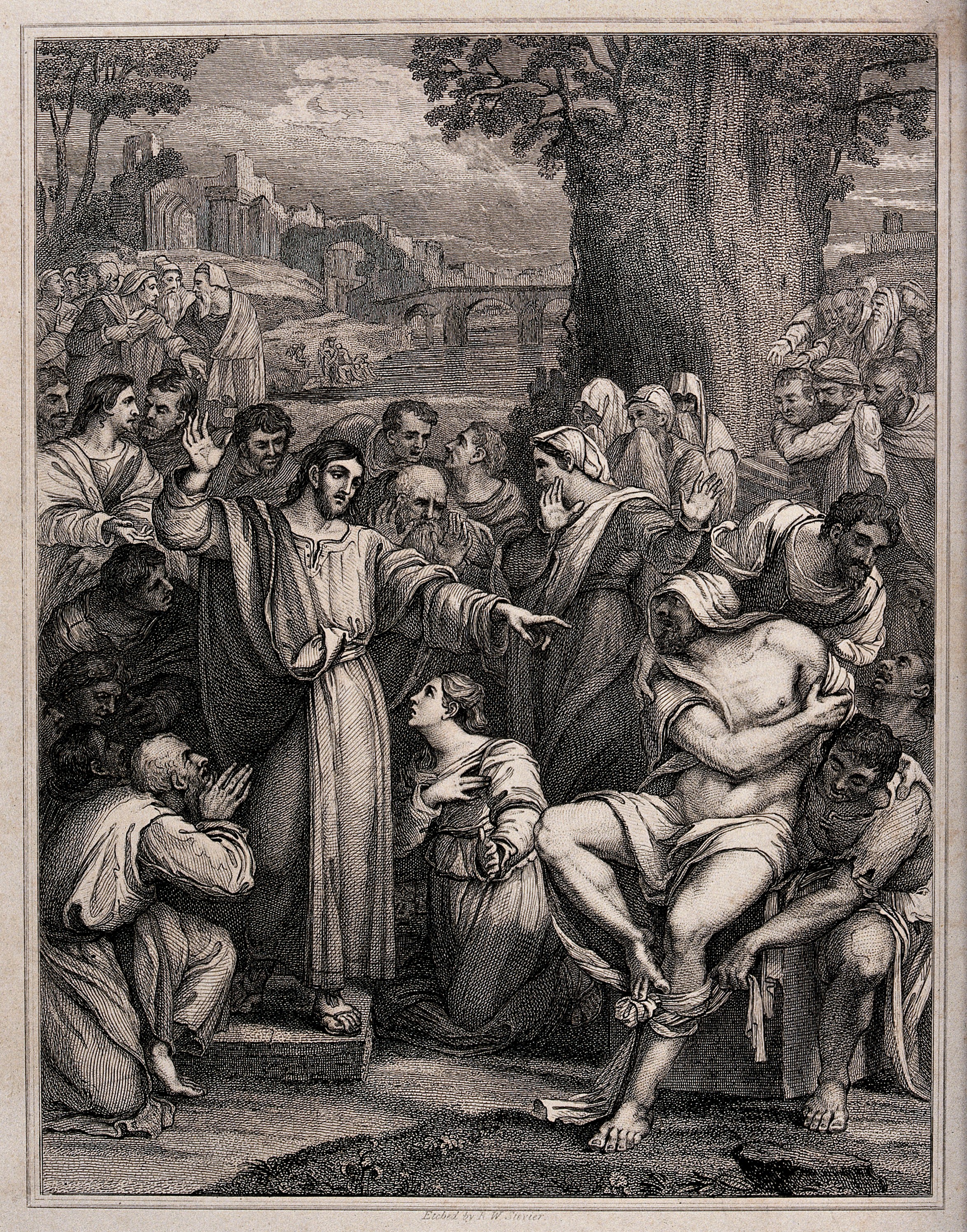Christ raises Lazarus from his tomb. Etching by R.W. Sievier Wellcome V0034882