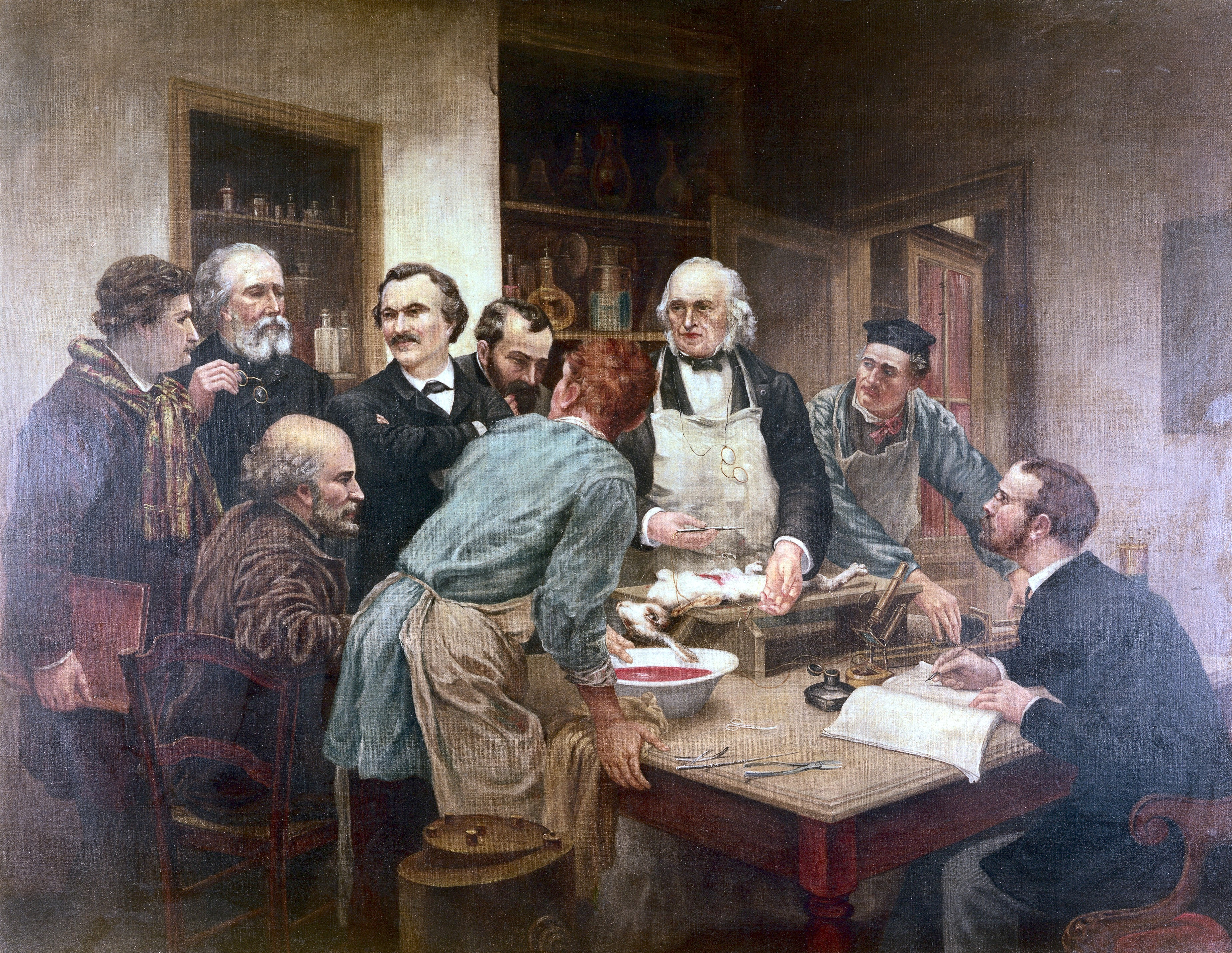 Claude Bernard and his pupils. Oil painting after Wellcome L0006244